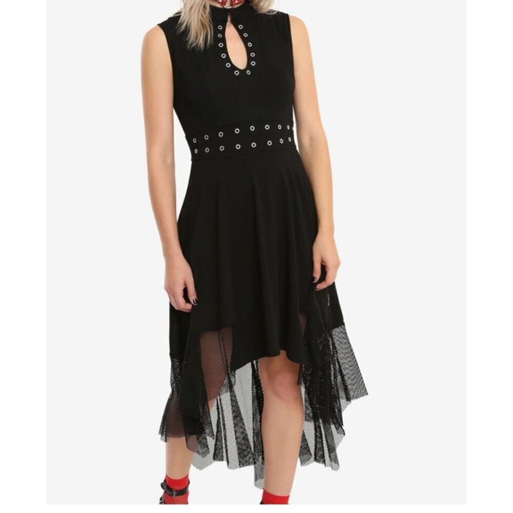 Black Sleeveless Eyelet Mesh Hem Dress